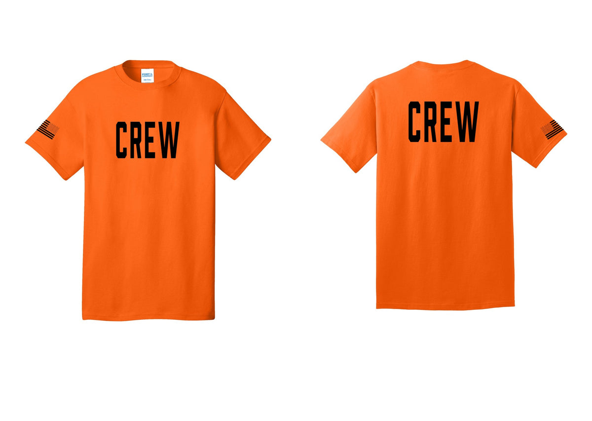 NYC Factory Crew T-Shirt for Event Staff & Production Teams (Classic) - Front + Back + US Flag Sleeve - Safety Orange
