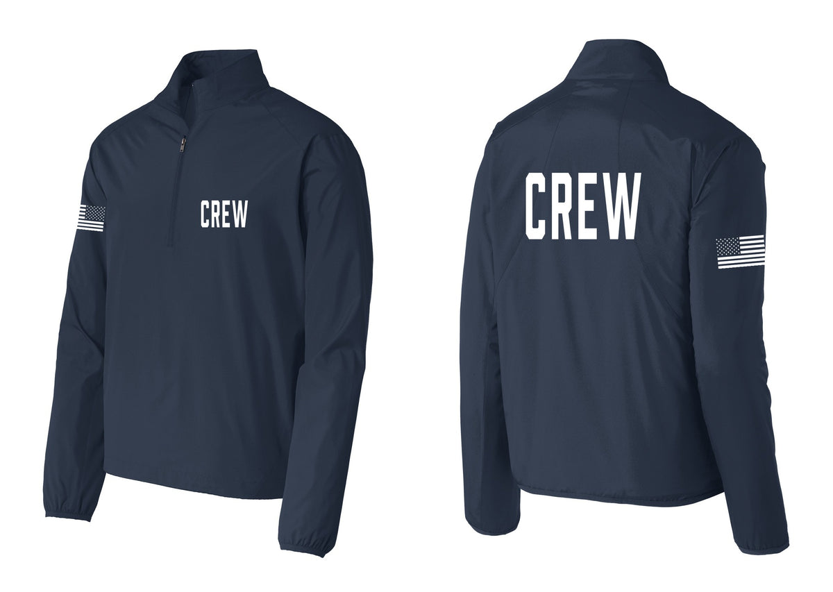 NYC Factory Crew Windbreaker 1/2-Zip Pullover for Event Staff & Production Teams (Classic) - Chest + Back + US Flag Sleeve - Dress Blue Navy