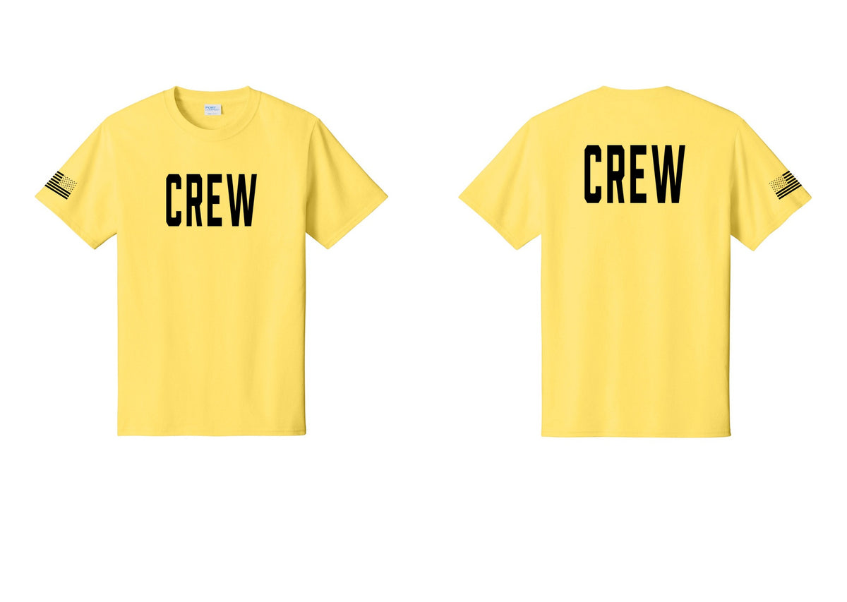 NYC Factory Crew T-Shirt for Event Staff & Production Teams (Classic) - Front + Back + US Flag Sleeve - Yellow