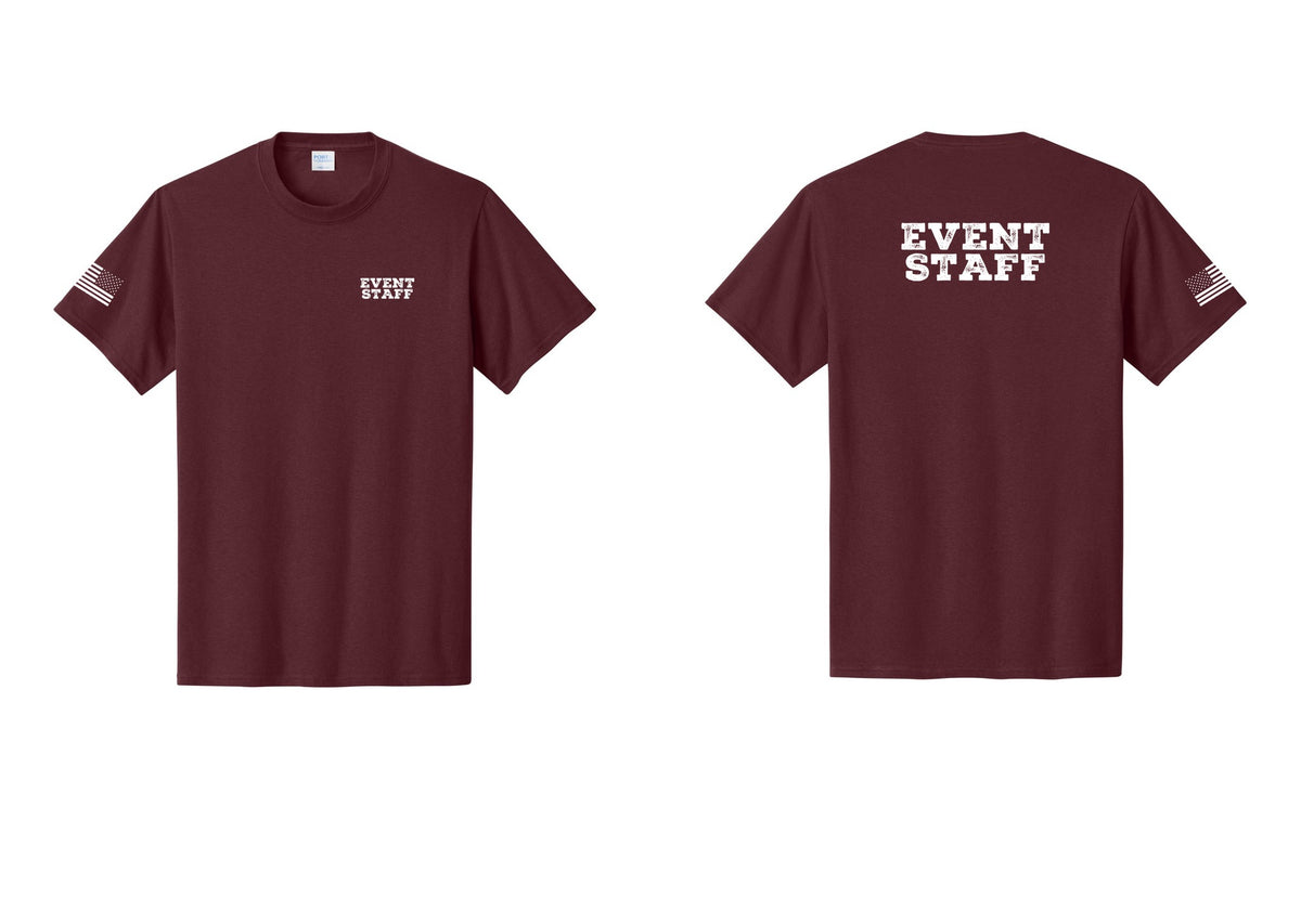 NYC Factory Event Staff T-Shirt - Chest + Back + US Flag Sleeve - Athletic Maroon