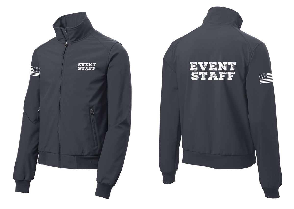 NYC Factory Event Staff Soft Shell Bomber Jacket (Rustic) - Chest + Back + US Flag Sleeve - Battleship Grey