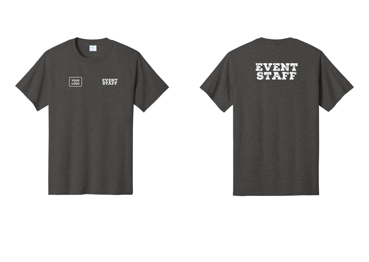 NYC Factory Custom Logo Event Staff T-Shirt - EVENT STAFF + Your Logo + Back - Dark Heather Grey