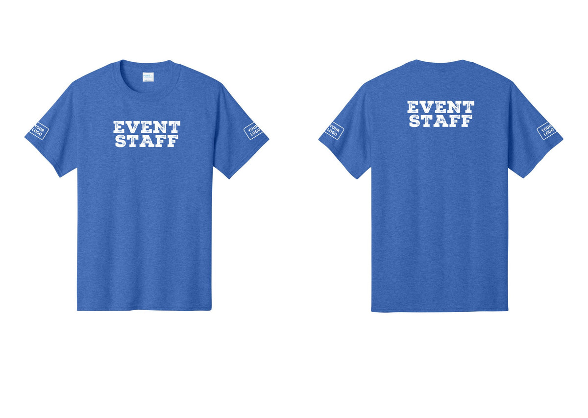 NYC Factory Custom Logo Event Staff T-Shirt - Front + Back + Your Logo Sleeves - Heather Royal