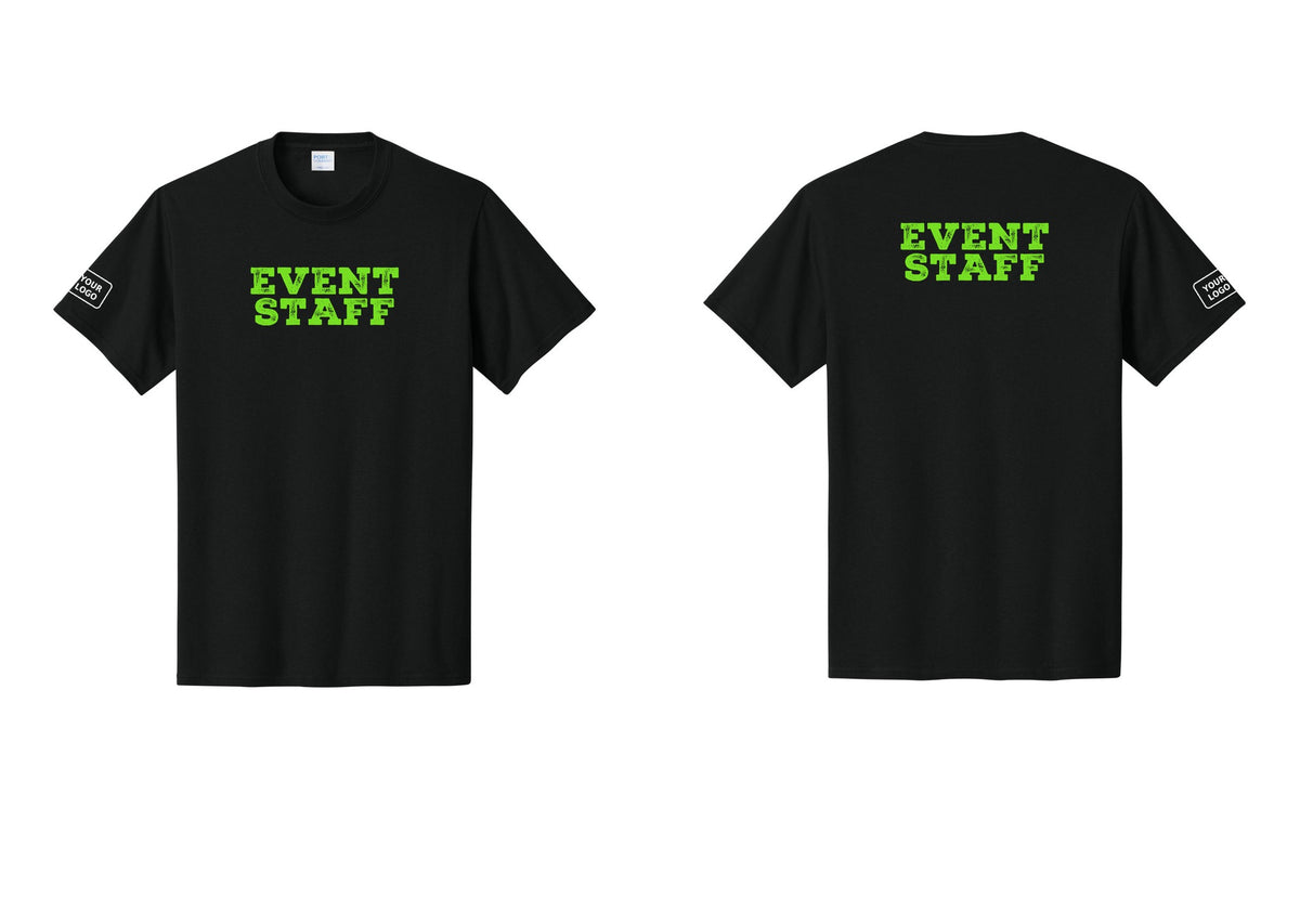 NYC Factory Custom Logo Event Staff T-Shirt - Front + Back + Your Logo Sleeve - Black / Neon