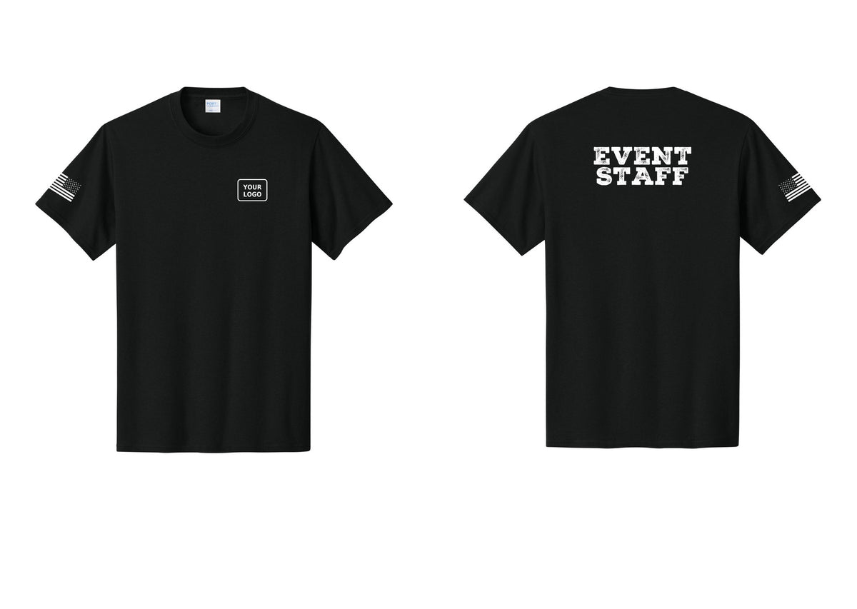 NYC Factory Custom Logo Event Staff T-Shirt - Your Logo + Back + US Flag Sleeve - Black