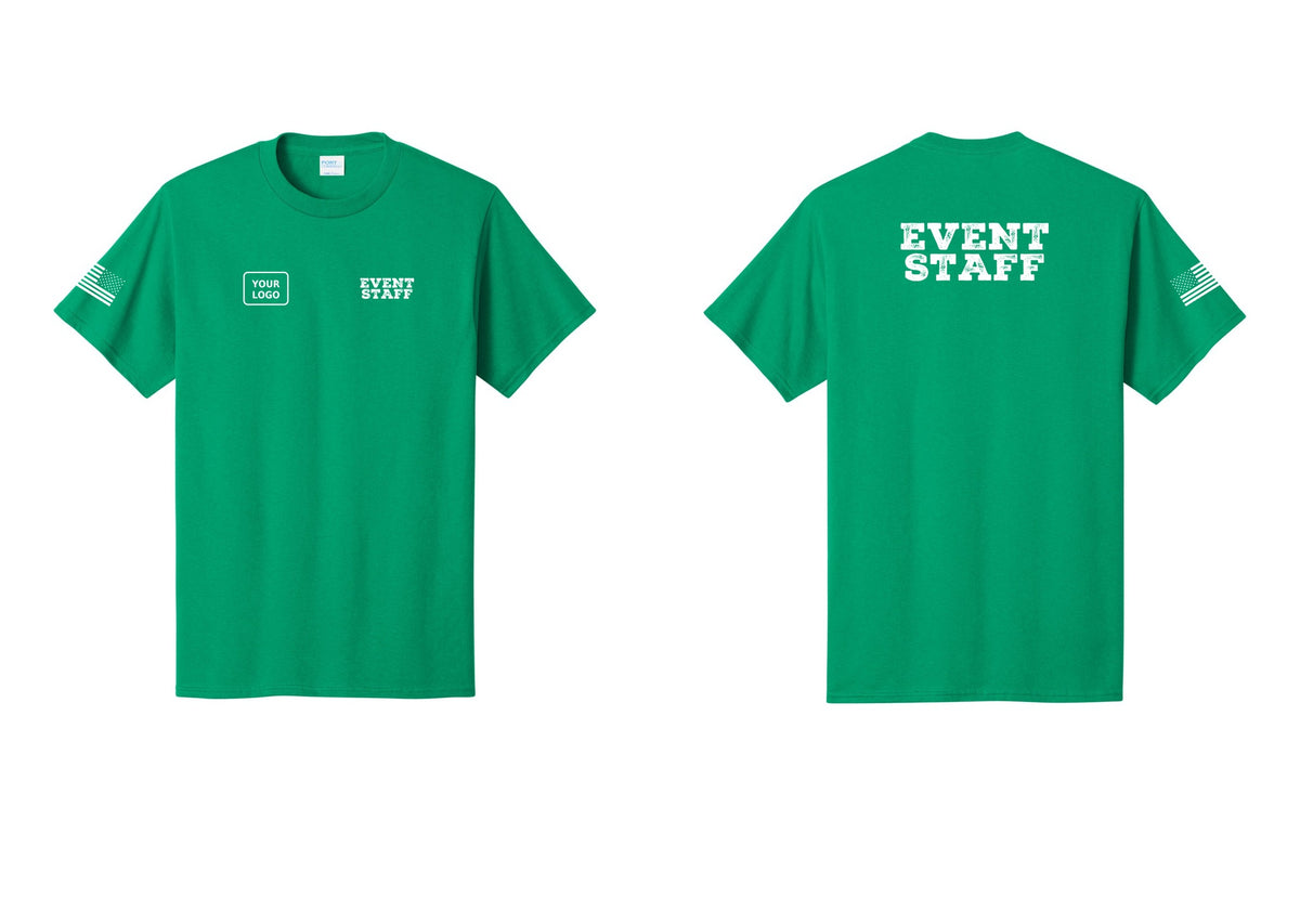 NYC Factory Custom Logo Event Staff T-Shirt - EVENT STAFF + Your Logo + Back + US Flag Sleeve - Kelly