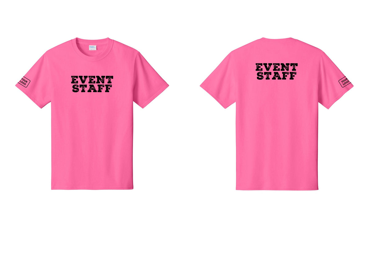 NYC Factory Custom Logo Event Staff T-Shirt - Front + Back + Your Logo Sleeve - Neon Pink