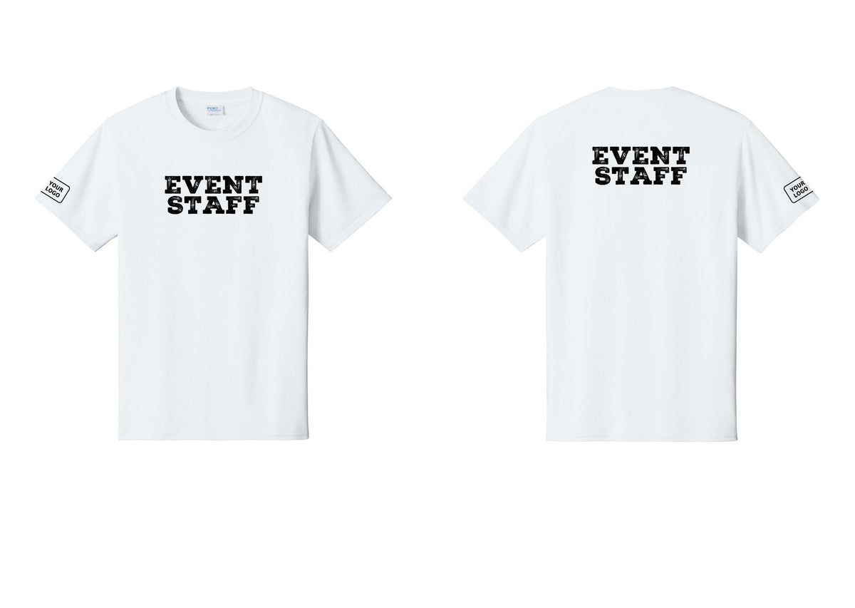 NYC Factory Custom Logo Event Staff T-Shirt - Front + Back + Your Logo Sleeve - White