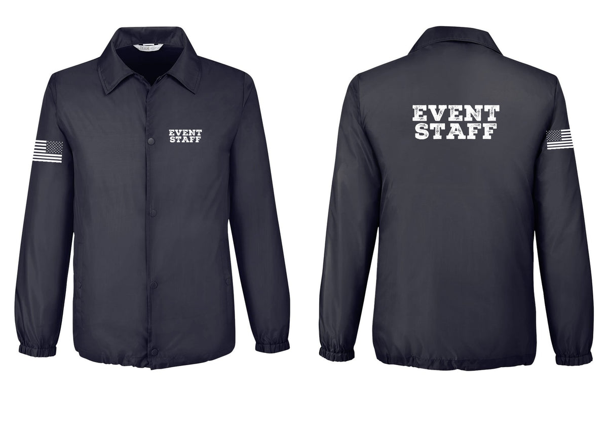 NYC Factory Event Staff Snap-Front Coaches Jacket (Rustic) - Chest + Back + US Flag Sleeve - Black