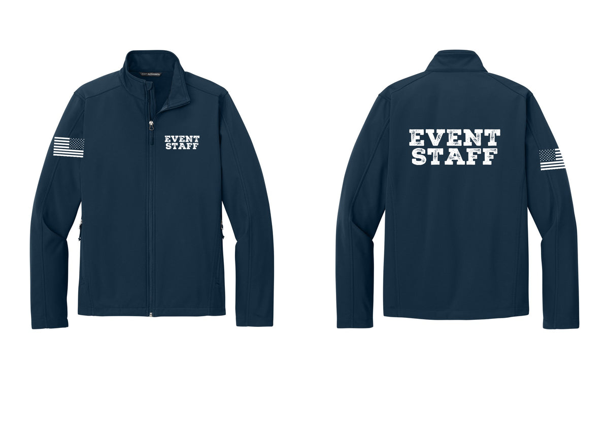 NYC Factory Event Staff Soft Shell Jacket (Rustic) - Chest + Back + US Flag Sleeve - Dress Blue Navy