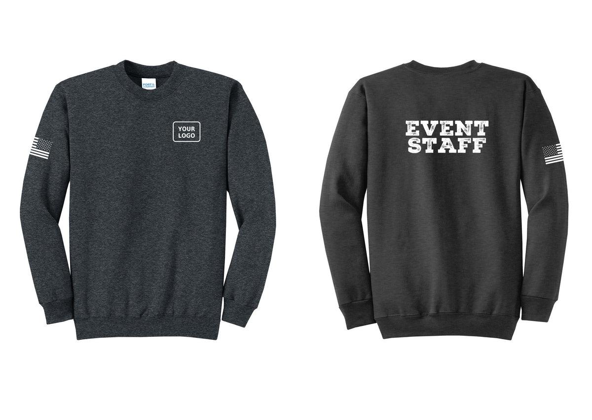 NYC Factory Custom Logo Event Staff Cotton Fleece Crewneck Sweatshirt (Rustic) - Your Logo + Back + US Flag Sleeve - Dark Heather Grey