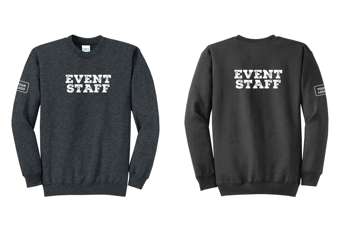 NYC Factory Custom Logo Event Staff Cotton Fleece Crewneck Sweatshirt (Rustic) - Front + Back + Your Logo Sleeve - Dark Heather Grey