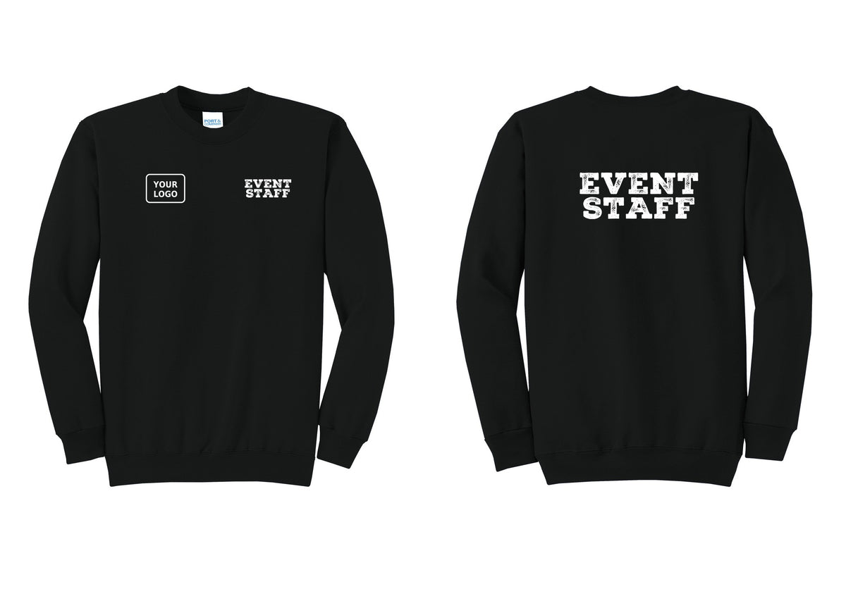 NYC Factory Custom Logo Event Staff Cotton Fleece Crewneck Sweatshirt (Rustic) - EVENT STAFF + Your Logo + Back - Black