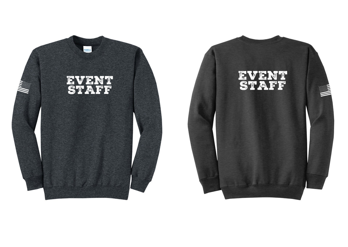 NYC Factory Event Staff Cotton Fleece Crewneck Sweatshirt (Rustic) - Front + Back + US Flag Sleeve - Dark Heather Grey
