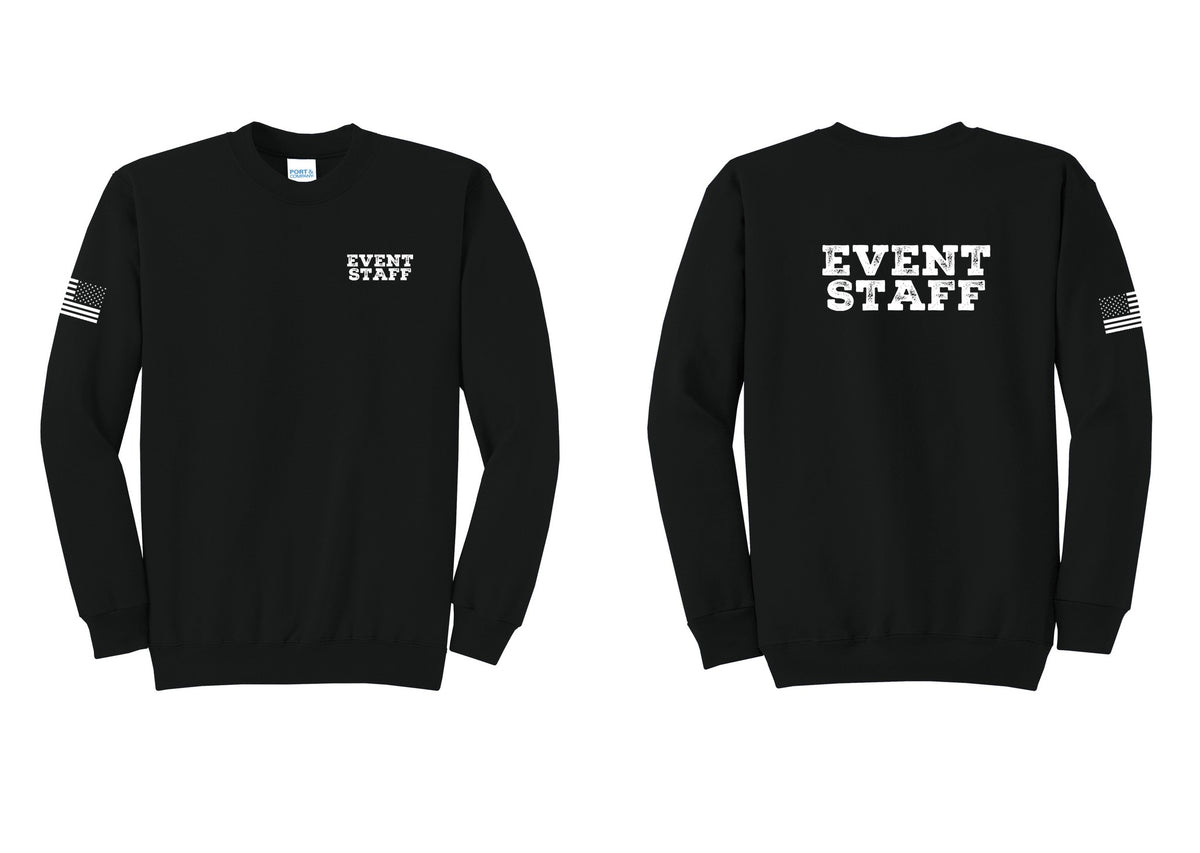 NYC Factory Event Staff Cotton Fleece Crewneck Sweatshirt (Rustic) - Chest + Back + US Flag Sleeve - Black