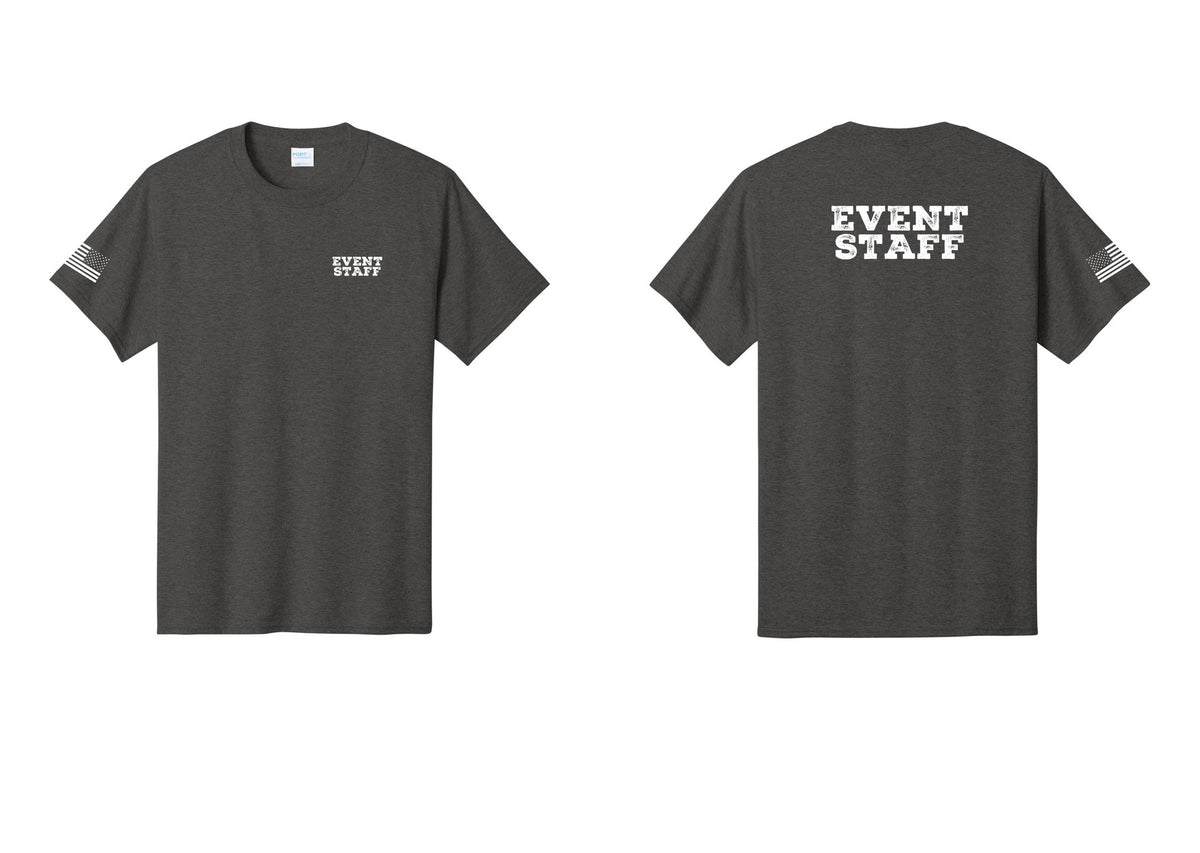 NYC Factory Event Staff T-Shirt - Chest + Back + US Flag Sleeve - Dark Heather Grey