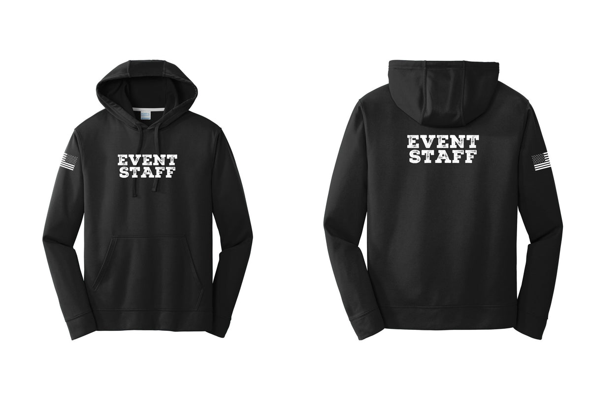 NYC Factory Event Staff Performance Hooded Fleece Pullover Sweatshirt (Rustic) - Front + Back + US Flag Sleeve - Black