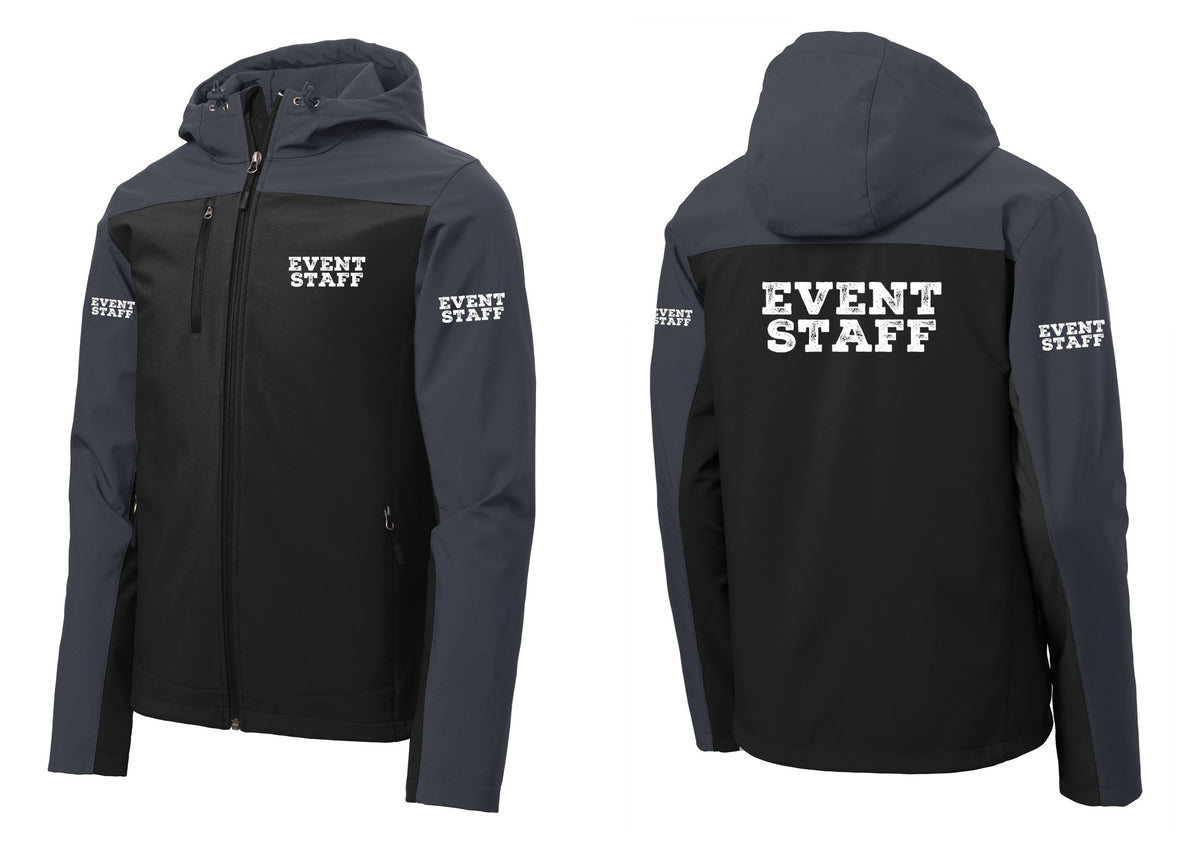 NYC Factory Event Staff Hooded Soft Shell Jacket (Rustic) - Chest + Back + Event Staff Sleeves - Black / Battleship Grey