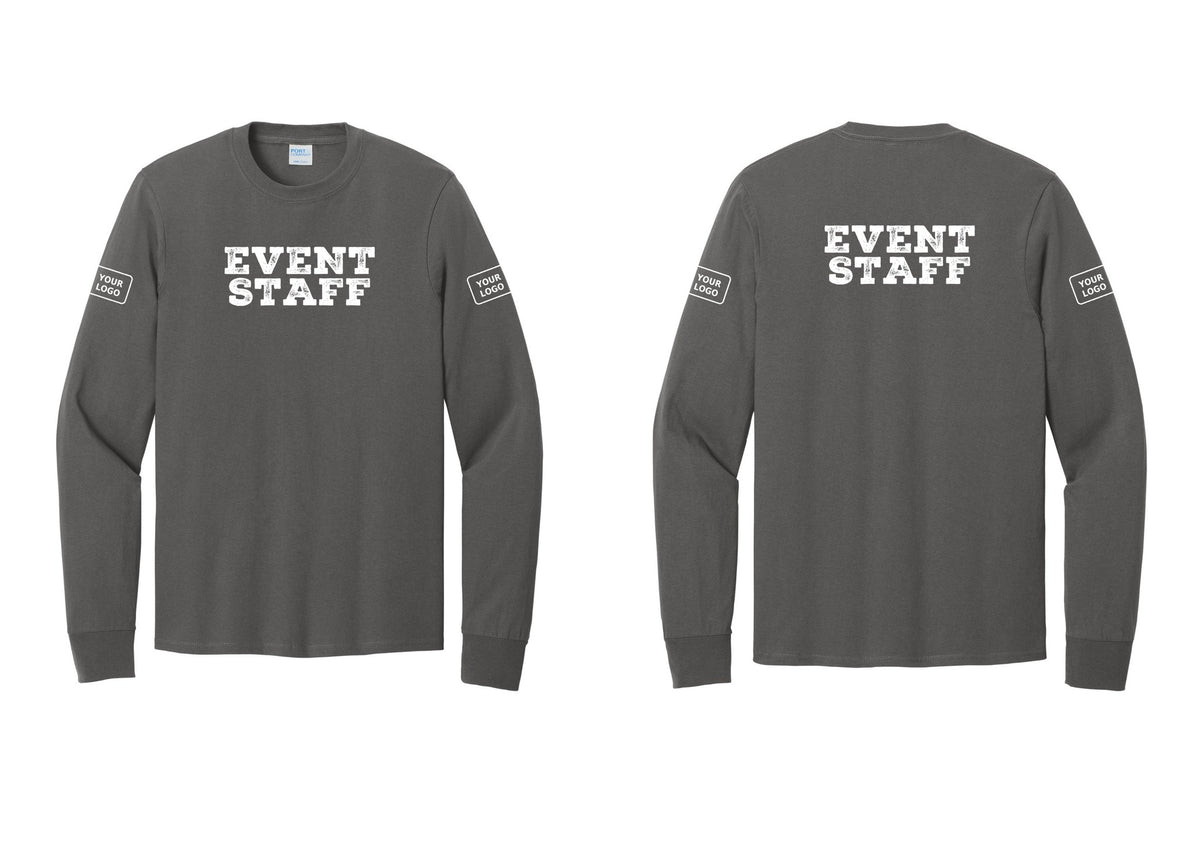 NYC Factory Custom Logo Event Staff Cotton Long Sleeve T-Shirt (Rustic) - Front + Back + Your Logo Sleeves - Charcoal