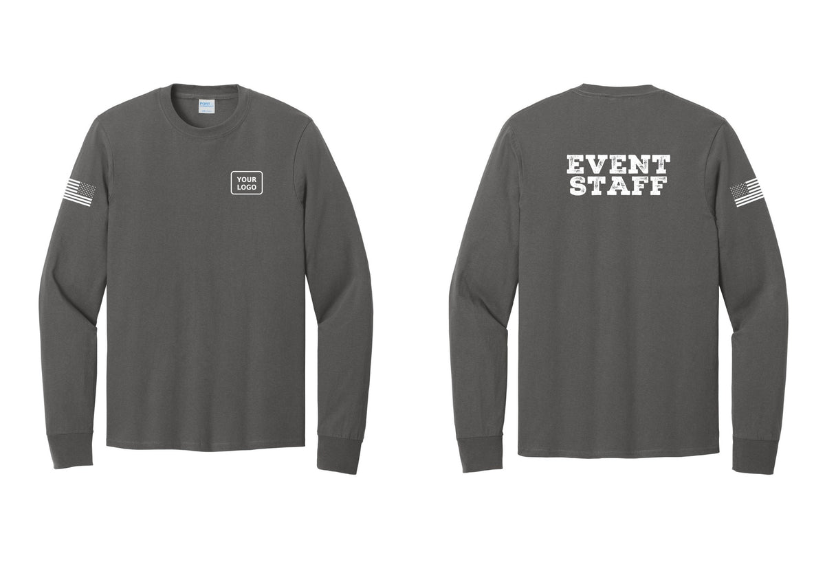 NYC Factory Custom Logo Event Staff Cotton Long Sleeve T-Shirt (Rustic) - Your Logo + Back + US Flag Sleeve - Charcoal