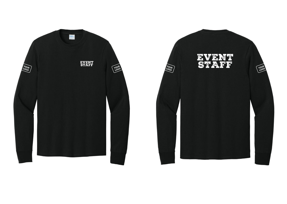 NYC Factory Custom Logo Event Staff Cotton Long Sleeve T-Shirt (Rustic) - Chest + Back + Your Logo Sleeves - Black