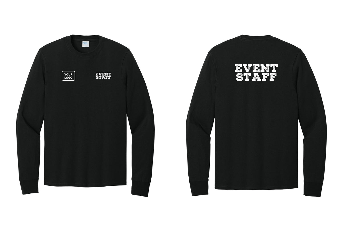 NYC Factory Custom Logo Event Staff Cotton Long Sleeve T-Shirt (Rustic) - EVENT STAFF + Your Logo + Back - Black