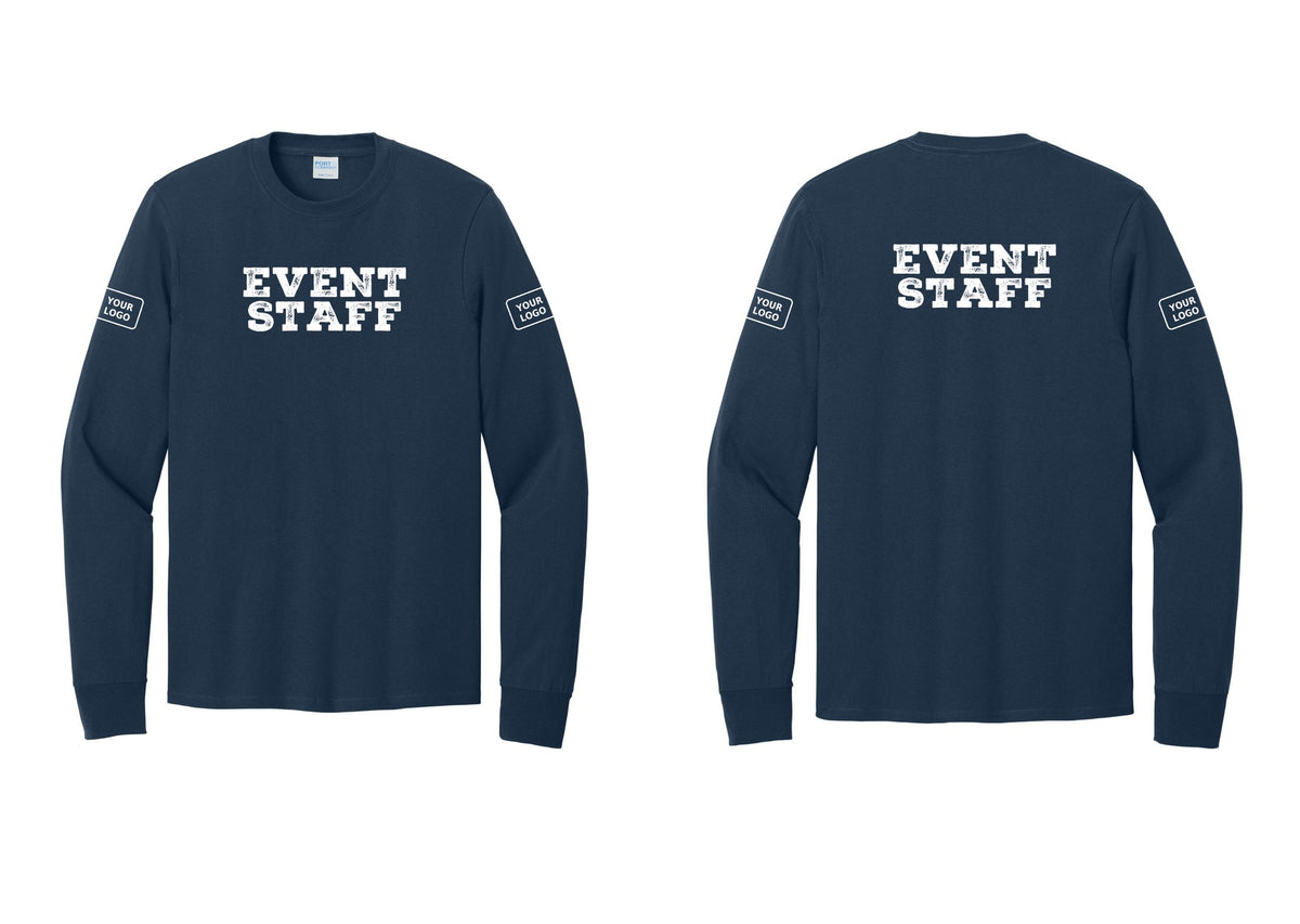 NYC Factory Custom Logo Event Staff Cotton Long Sleeve T-Shirt (Rustic) - Front + Back + Your Logo Sleeves - Navy