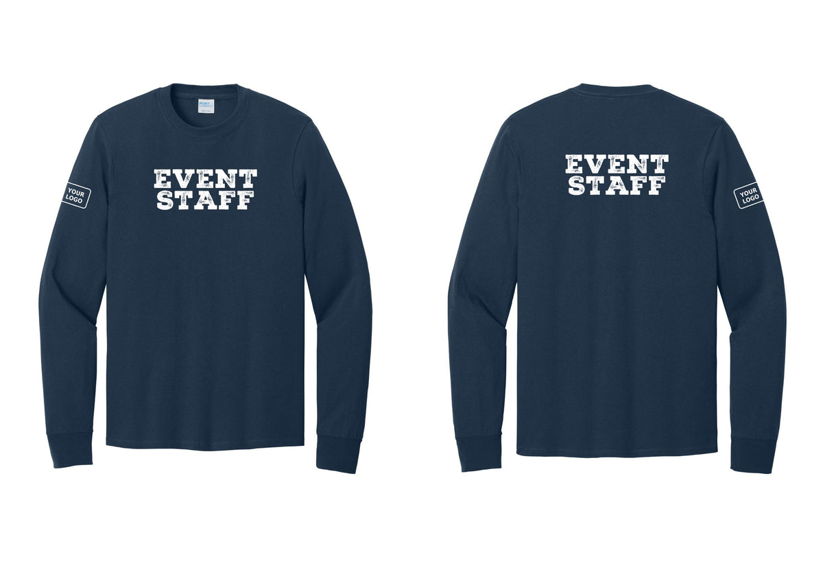 NYC Factory Custom Logo Event Staff Cotton Long Sleeve T-Shirt (Rustic) - Front + Back + Your Logo Sleeve - Navy