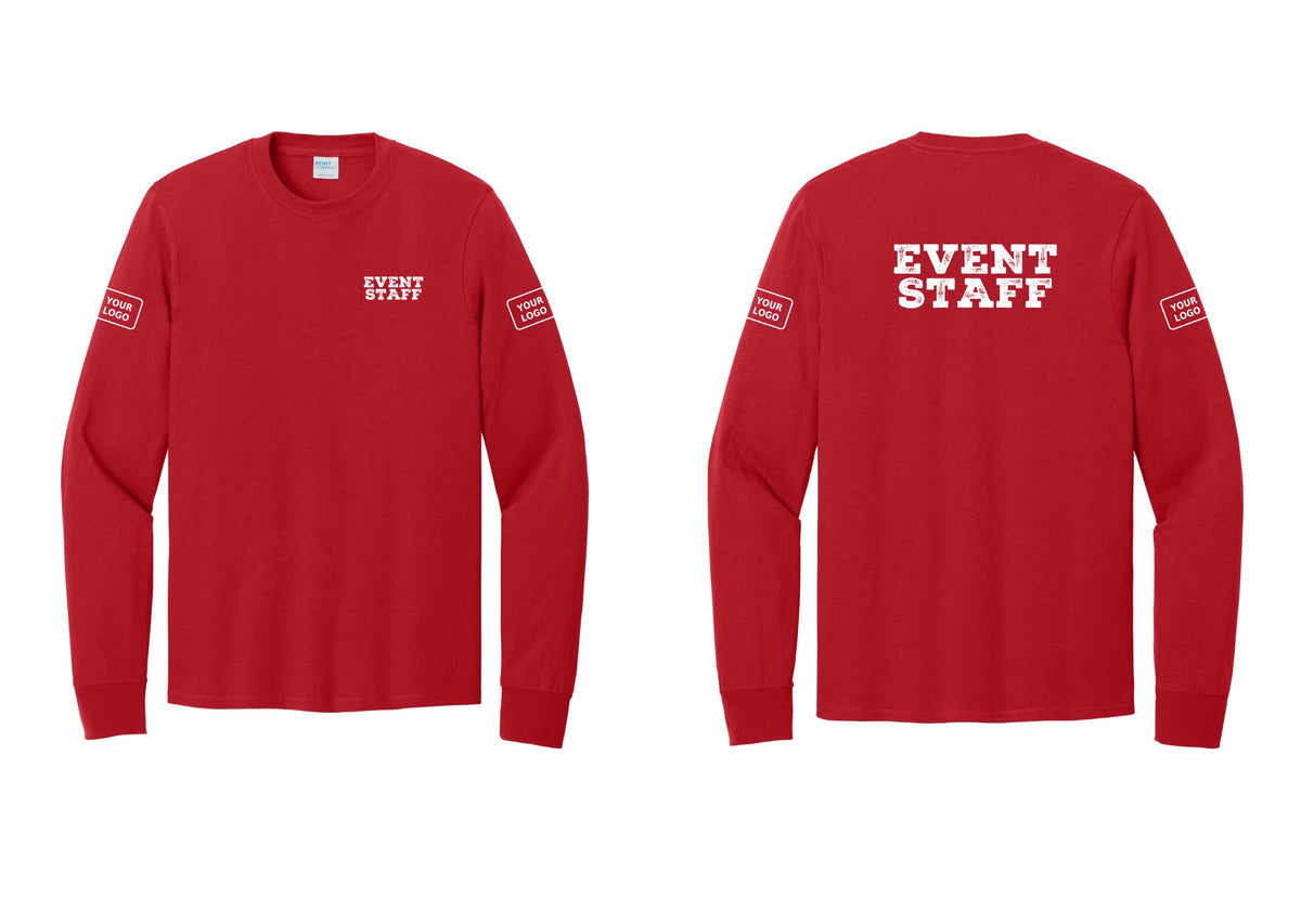 NYC Factory Custom Logo Event Staff Cotton Long Sleeve T-Shirt (Rustic) - Chest + Back + Your Logo Sleeves - Red