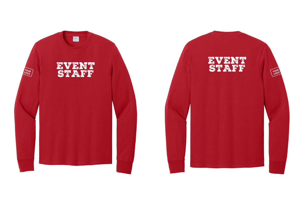 NYC Factory Custom Logo Event Staff Cotton Long Sleeve T-Shirt (Rustic) - Front + Back + Your Logo Sleeve - Red
