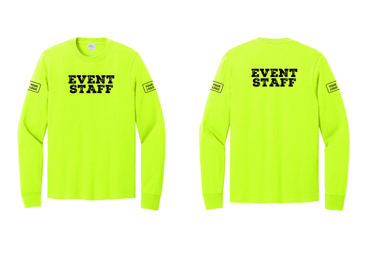 NYC Factory Custom Logo Event Staff Cotton Long Sleeve T-Shirt (Rustic) - Front + Back + Your Logo Sleeves - Safety Green