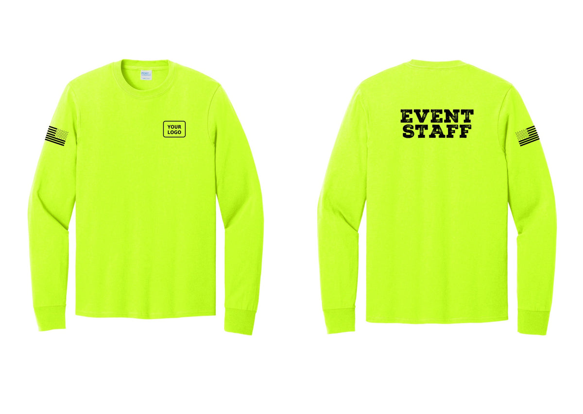 NYC Factory Custom Logo Event Staff Cotton Long Sleeve T-Shirt (Rustic) - Your Logo + Back + US Flag Sleeve - Safety Green