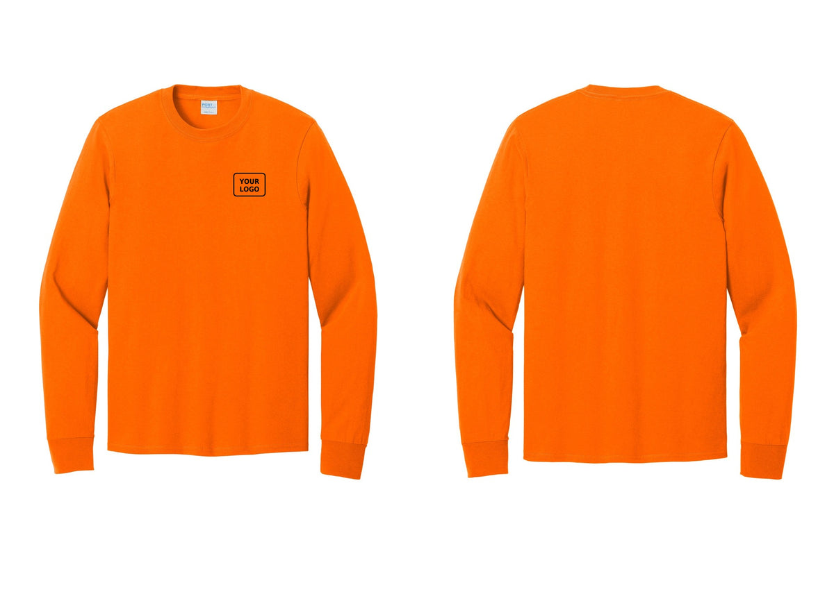 NYC Factory Custom Logo Event Staff Cotton Long Sleeve T-Shirt (Rustic) - Your Logo Only - Safety Orange