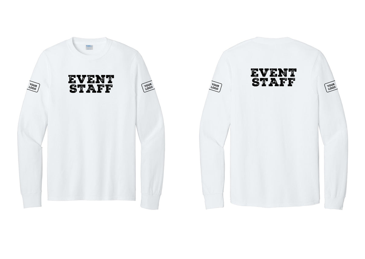 NYC Factory Custom Logo Event Staff Cotton Long Sleeve T-Shirt (Rustic) - Front + Back + Your Logo Sleeves - White