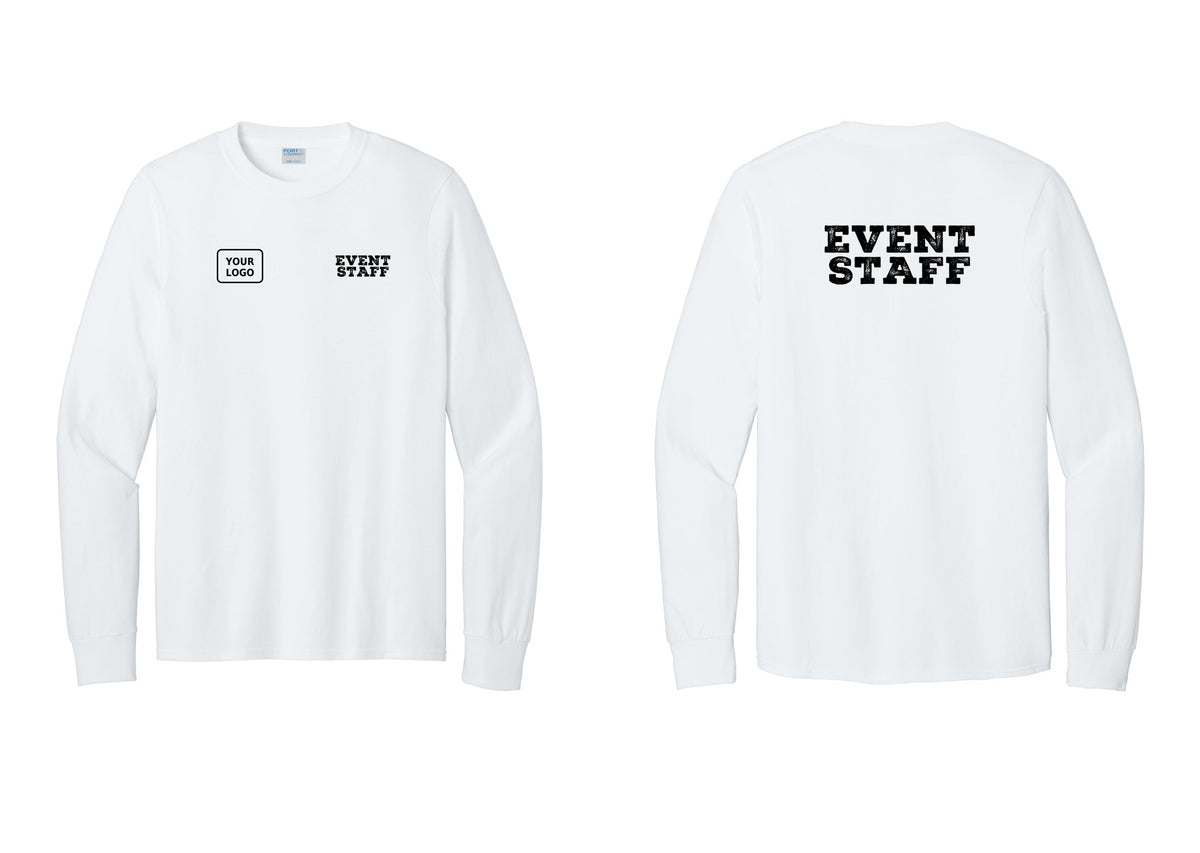 NYC Factory Custom Logo Event Staff Cotton Long Sleeve T-Shirt (Rustic) - EVENT STAFF + Your Logo + Back - White