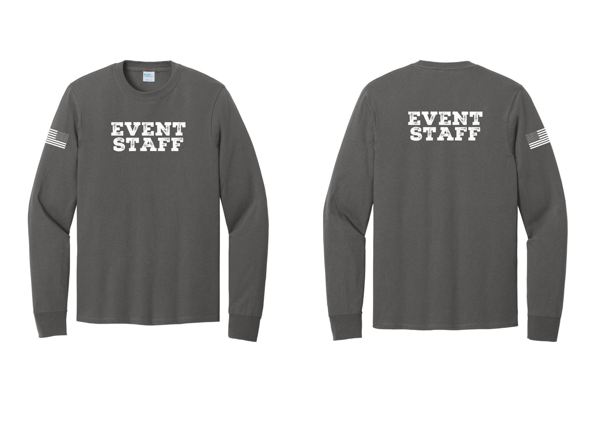 NYC Factory Event Staff Cotton Long Sleeve T-Shirt (Rustic) - Front + Back + US Flag Sleeve - Charcoal