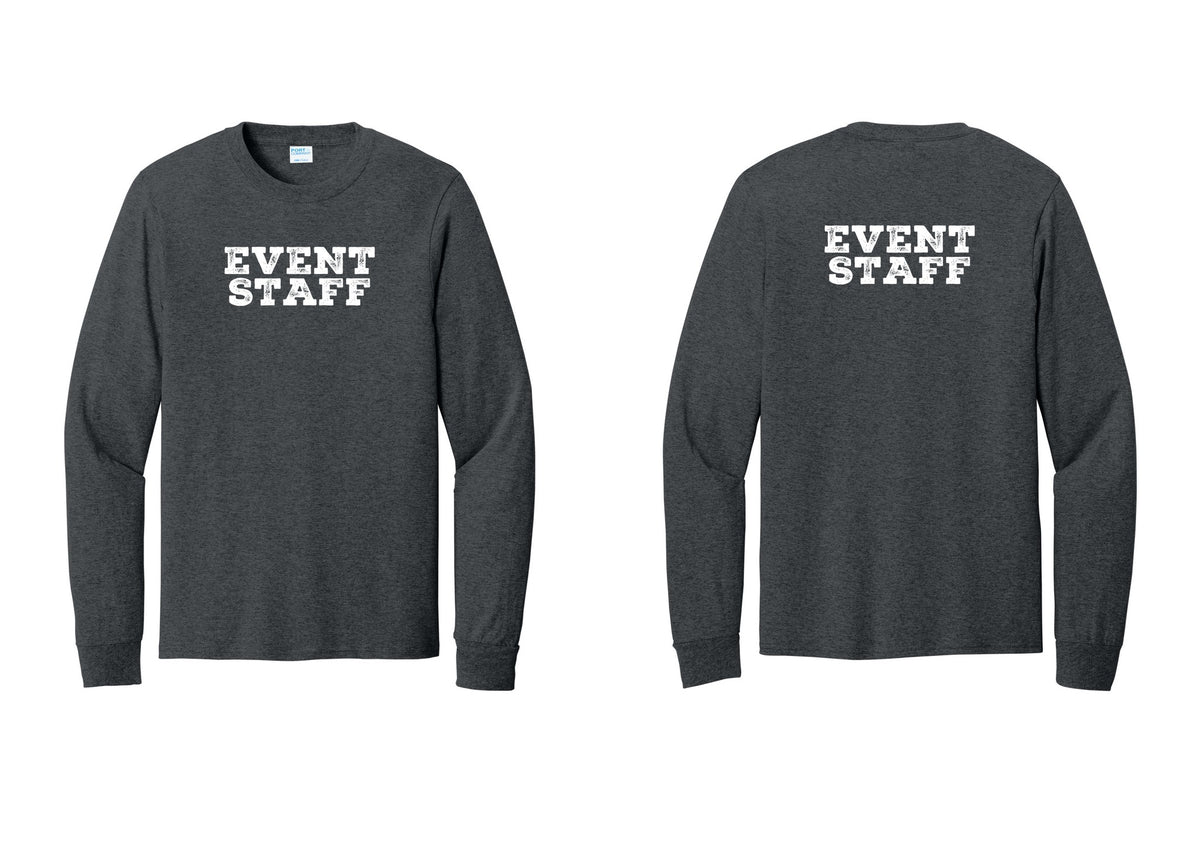 NYC Factory Event Staff Cotton Long Sleeve T-Shirt (Rustic) - Front + Back - Dark Heather Grey