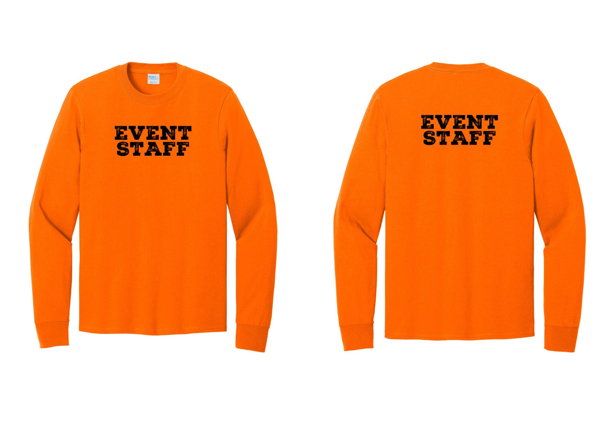 NYC Factory Event Staff Cotton Long Sleeve T-Shirt (Rustic) - Front + Back - Safety Orange