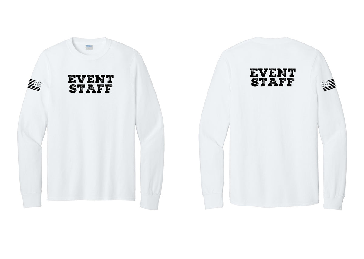NYC Factory Event Staff Cotton Long Sleeve T-Shirt (Rustic) - Front + Back + US Flag Sleeve - White
