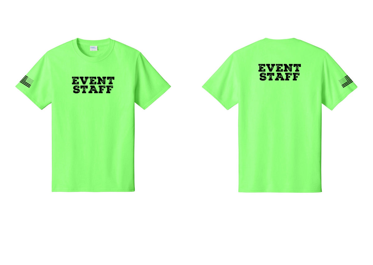 NYC Factory Event Staff T-Shirt - Front + Back + US Flag Sleeve - Neon Green