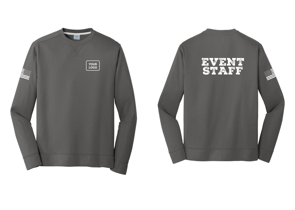 NYC Factory Custom Logo Event Staff Performance Fleece Crewneck Sweatshirt (Rustic) - Your Logo + Back + US Flag Sleeve - Charcoal