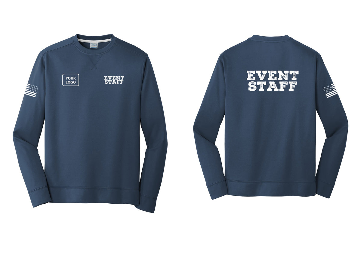 NYC Factory Custom Logo Event Staff Performance Fleece Crewneck Sweatshirt (Rustic) - EVENT STAFF + Your Logo + Back + US Flag Sleeve - Navy