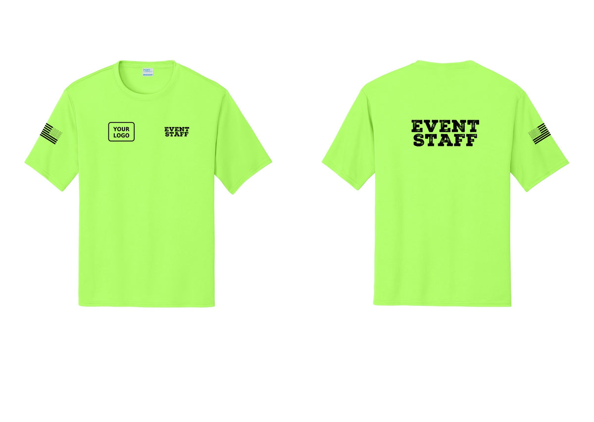 NYC Factory Custom Logo Event Staff Performance T-Shirt (Rustic) - EVENT STAFF + Your Logo + Back + US Flag Sleeve - Neon Green