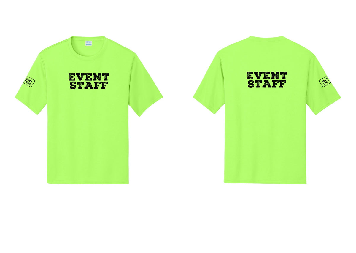 NYC Factory Custom Logo Event Staff Performance T-Shirt (Rustic) - Front + Back + Your Logo Sleeve - Neon Green