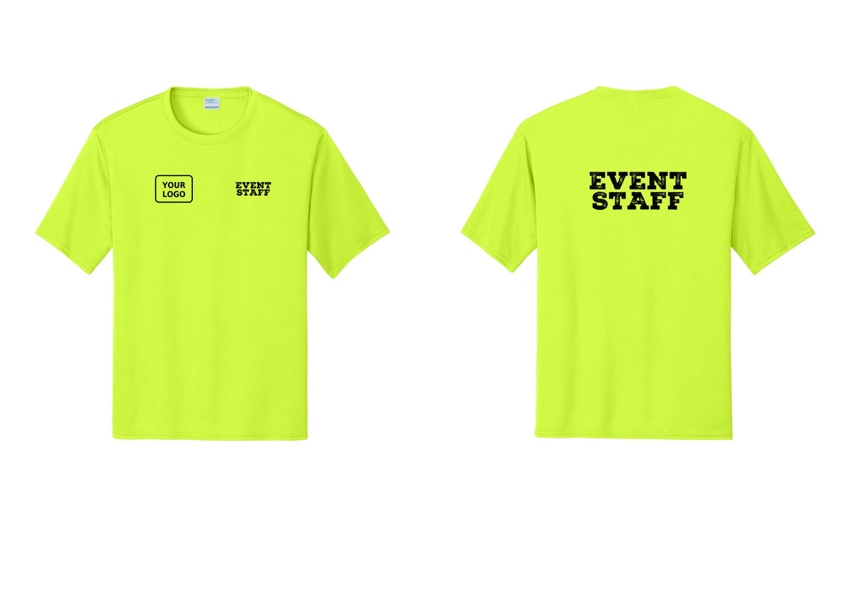 NYC Factory Custom Logo Event Staff Performance T-Shirt (Rustic) - EVENT STAFF + Your Logo + Back - Neon Yellow