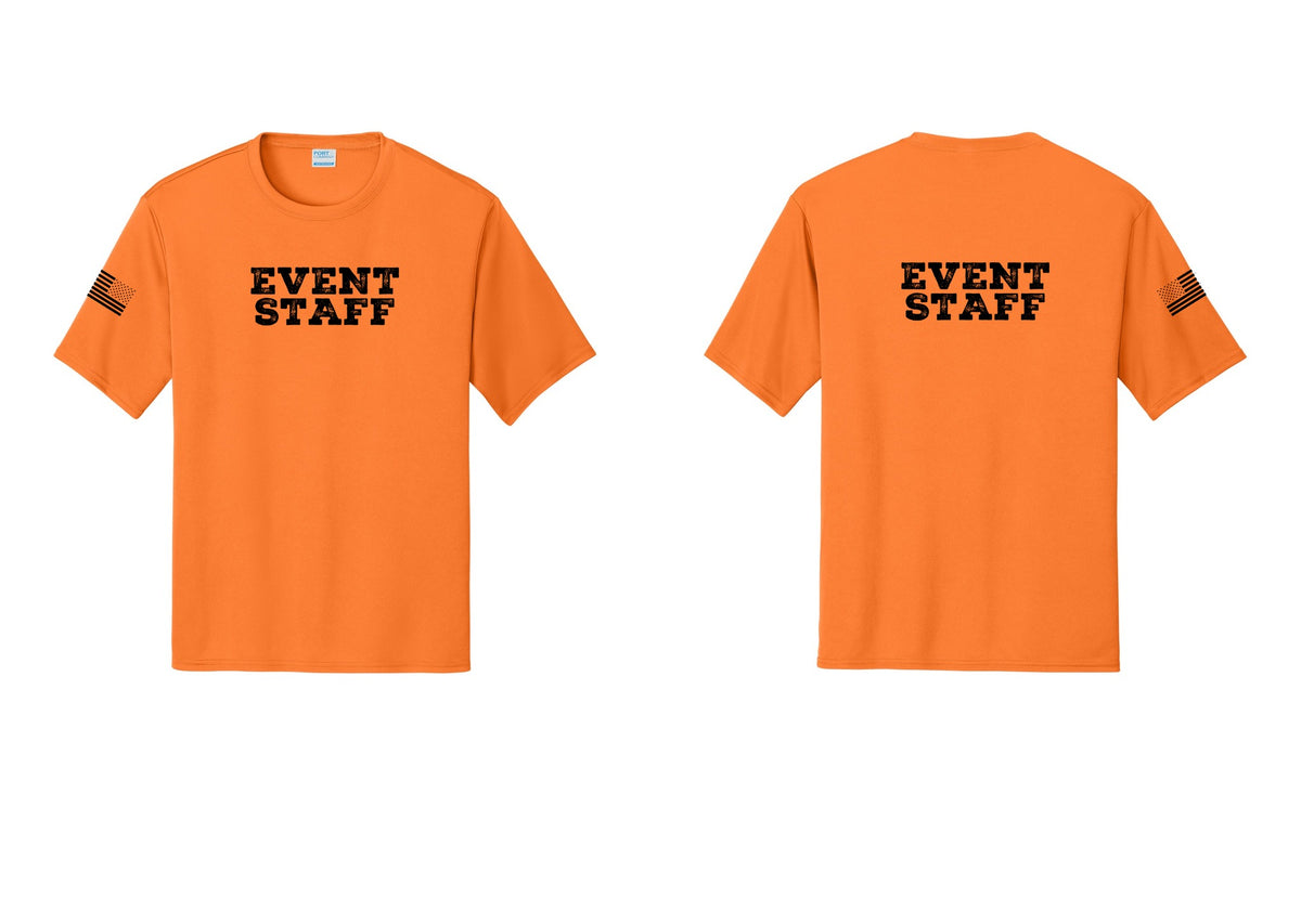 NYC Factory Event Staff Performance T-Shirt (Rustic) - Front + Back + US Flag Sleeve - Neon Orange