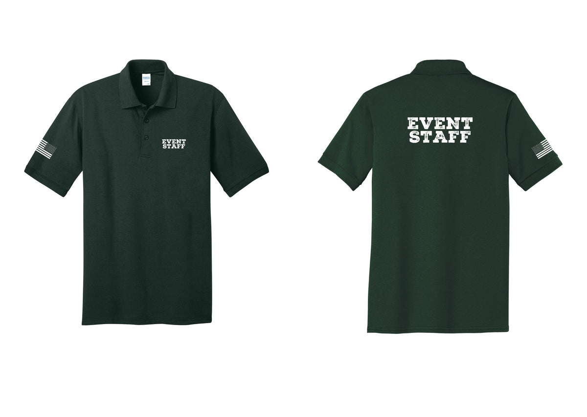 NYC Factory Event Staff Polo Shirt (Rustic) - Chest + Back + US Flag Sleeve - Dark Green