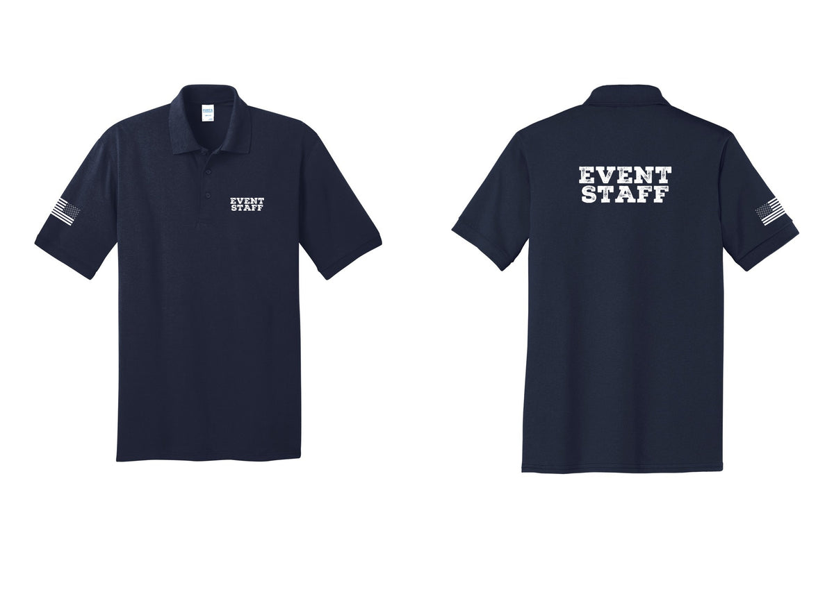 NYC Factory Event Staff Polo Shirt (Rustic) - Chest + Back + US Flag Sleeve - Navy