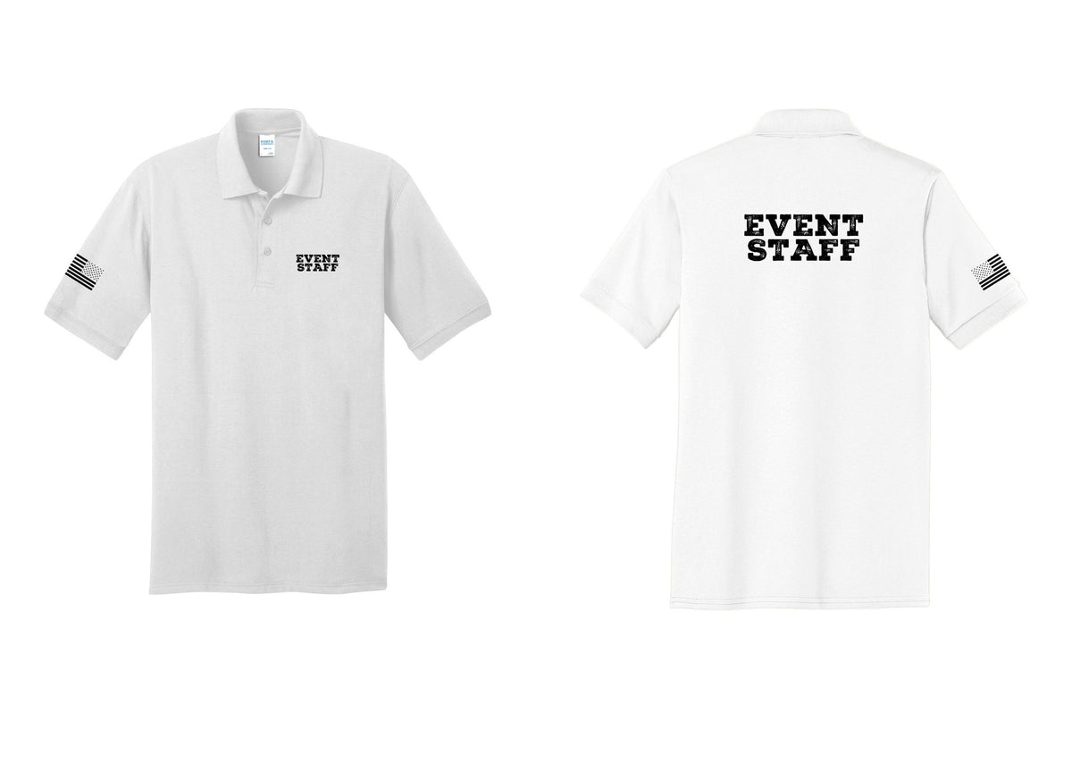NYC Factory Event Staff Polo Shirt (Rustic) - Chest + Back + US Flag Sleeve - White