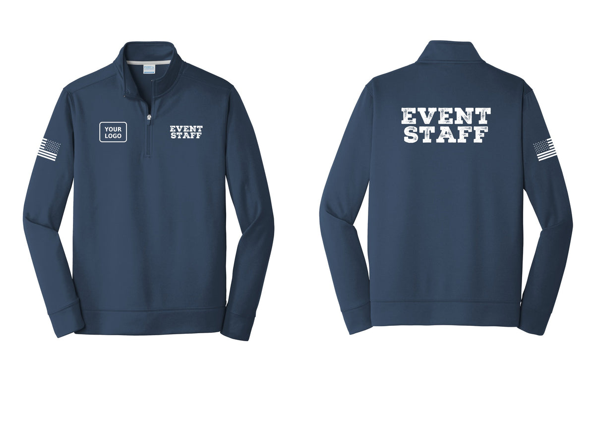 NYC Factory Custom Logo Event Staff Performance Fleece 1/4-Zip Pullover Sweatshirt (Rustic) - EVENT STAFF + Your Logo + Back + US Flag Sleeve - Navy